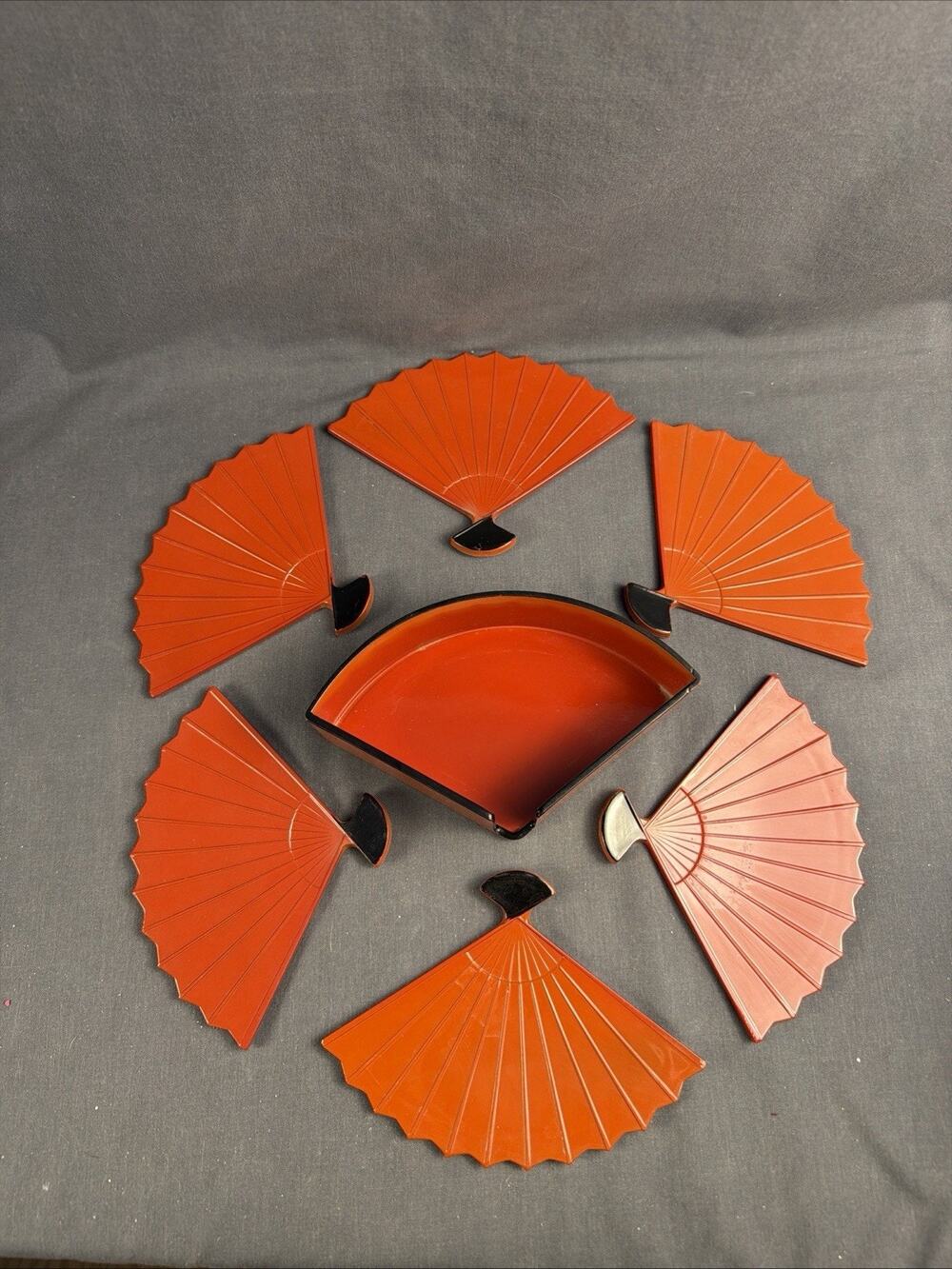 Vintage 1960s Otagiri Fan Shaped Coaster Set of 6 Red Black Made in Japan